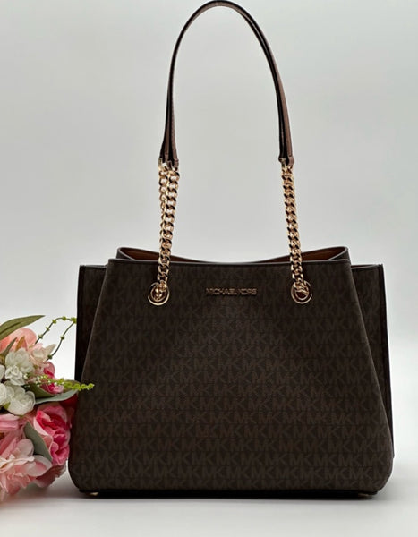 Michael Kors Brown MK Signature  Chain Shoulder Tote Bag