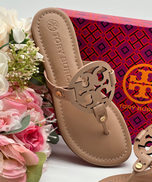 Authentic Tory Burch Women's Leather Light Sand Miller Thong Sandals Shoes Size US 5.5