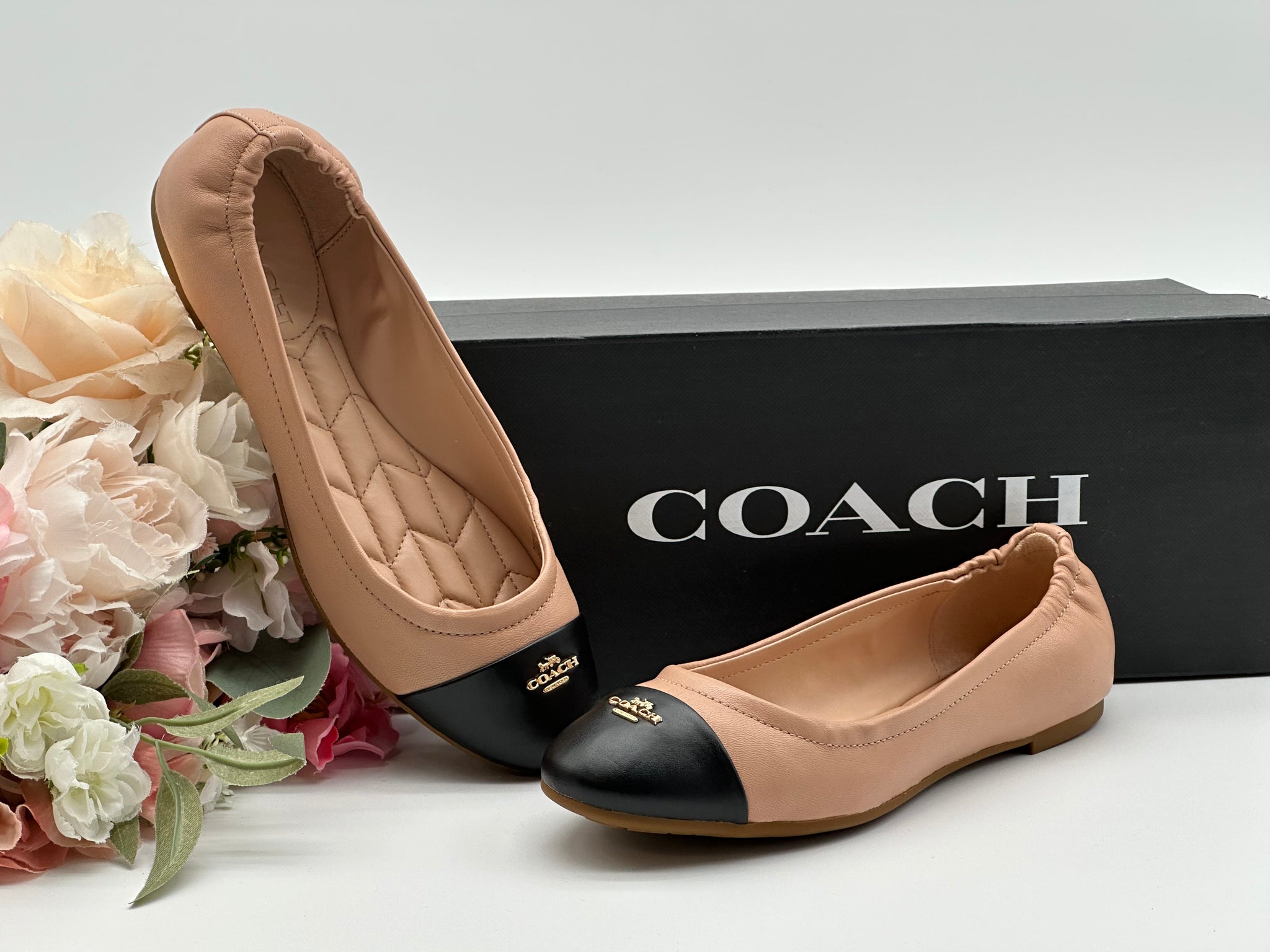 Coach Nude Black Leather Ballet Shoes