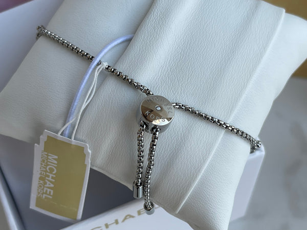 Authentic Michael Kors Silver Tone Crystal Pave Padlock Slider Silver Bracelet