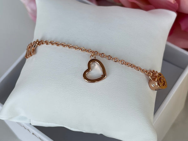 Authentic MICHAEL KORS 3 Charm MK Logo Rose Gold Slider Bracelet