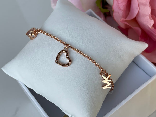 Authentic MICHAEL KORS 3 Charm MK Logo Rose Gold Slider Bracelet