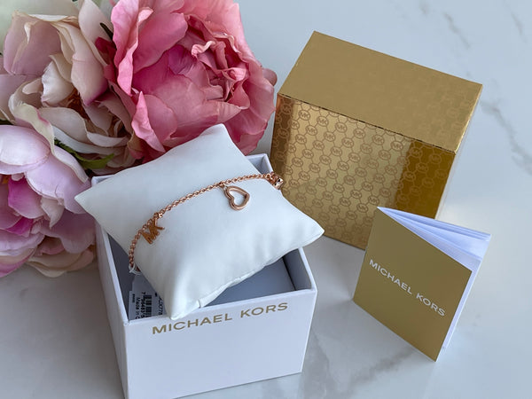 Authentic MICHAEL KORS 3 Charm MK Logo Rose Gold Slider Bracelet