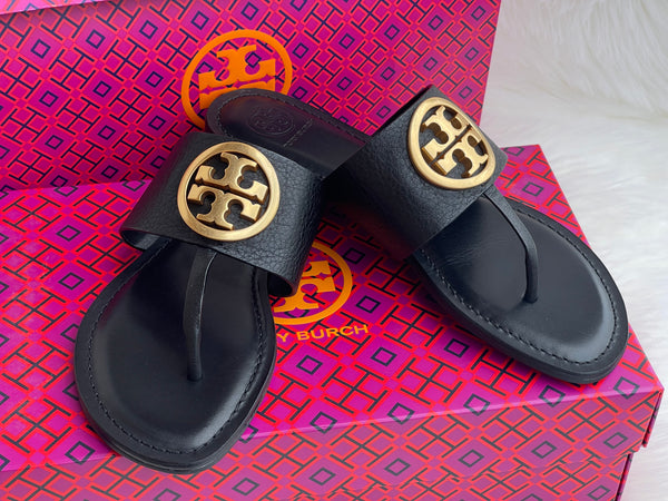 Authentic Tory Burch Black Calf Leather Flat Thong Sandals