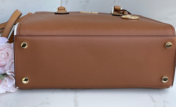 Authentic MICHAEL KORS Large Brown White Saffiano Leather Satchel Bag