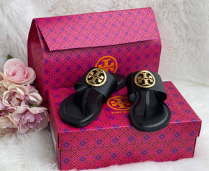 Authentic Tory Burch Black Calf Leather Flat Thong Sandals