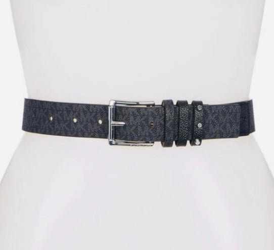 Authentic Michael Kors Women's Triple Loop Studded Black Logo Belt