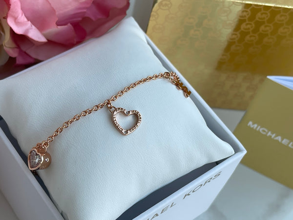 Authentic MICHAEL KORS 3 Charm MK Logo Rose Gold Slider Bracelet