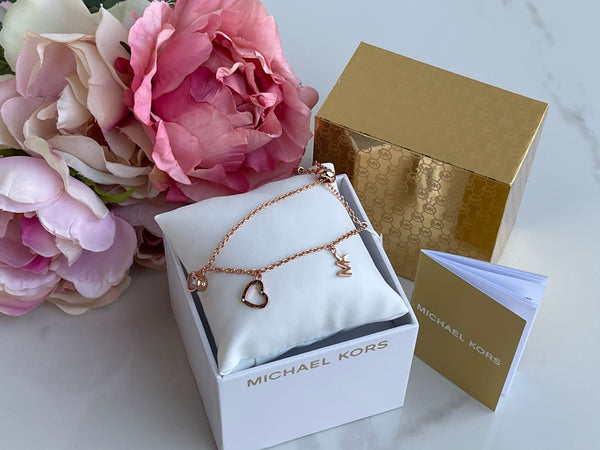 Authentic MICHAEL KORS 3 Charm MK Logo Rose Gold Slider Bracelet