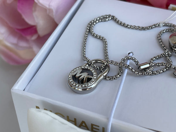 Authentic Michael Kors Silver Tone Crystal Pave Padlock Slider Silver Bracelet