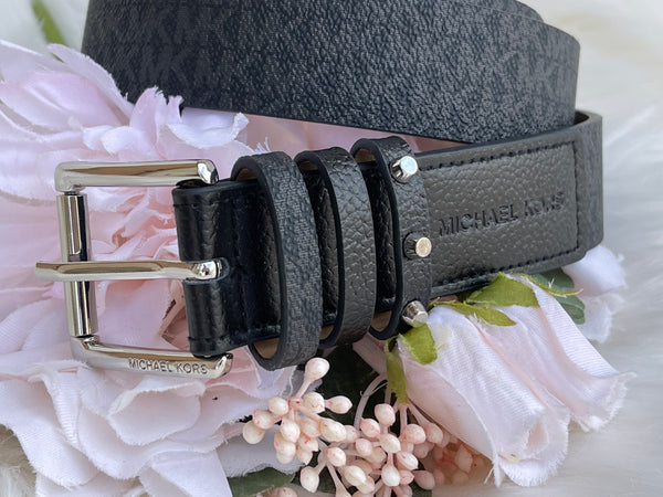 Authentic Michael Kors Women's Triple Loop Studded Black Logo Belt