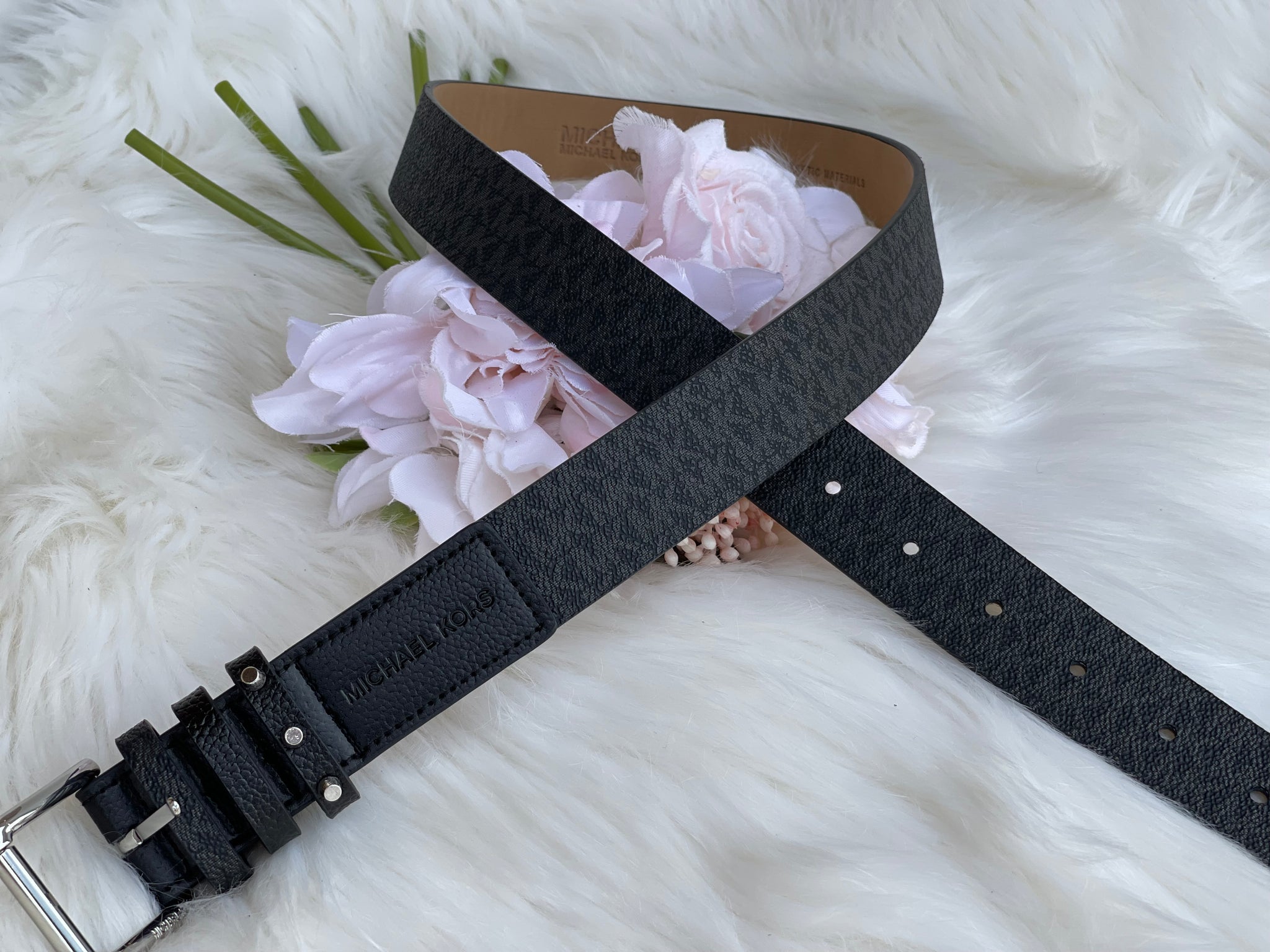 Authentic Michael Kors Women's Triple Loop Studded Black Logo Belt