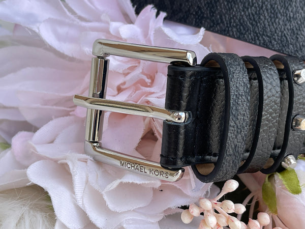 Authentic Michael Kors Women's Triple Loop Studded Black Logo Belt