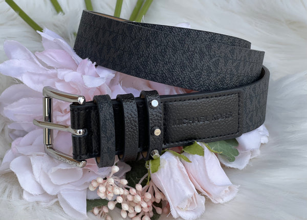 Authentic Michael Kors Women's Triple Loop Studded Black Logo Belt