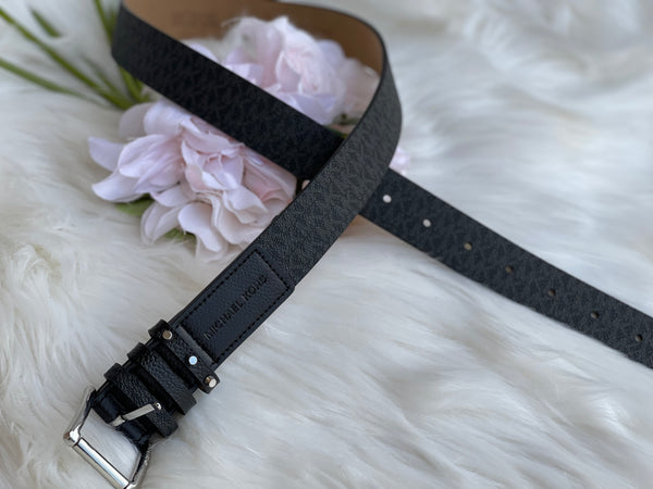 Authentic Michael Kors Women's Triple Loop Studded Black Logo Belt