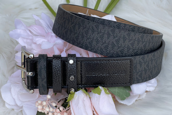 Authentic Michael Kors Women's Triple Loop Studded Black Logo Belt